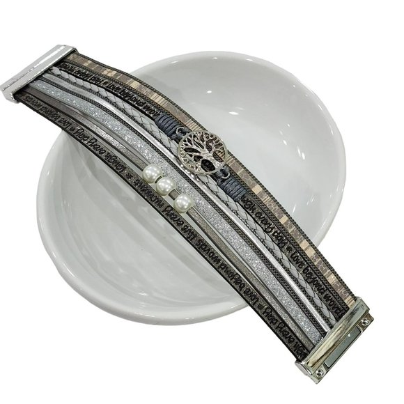 Multy Layers‎ Leather Bangle Magnetic Bracelet for Men and Women 7.5in - Silver - Picture 3 of 11